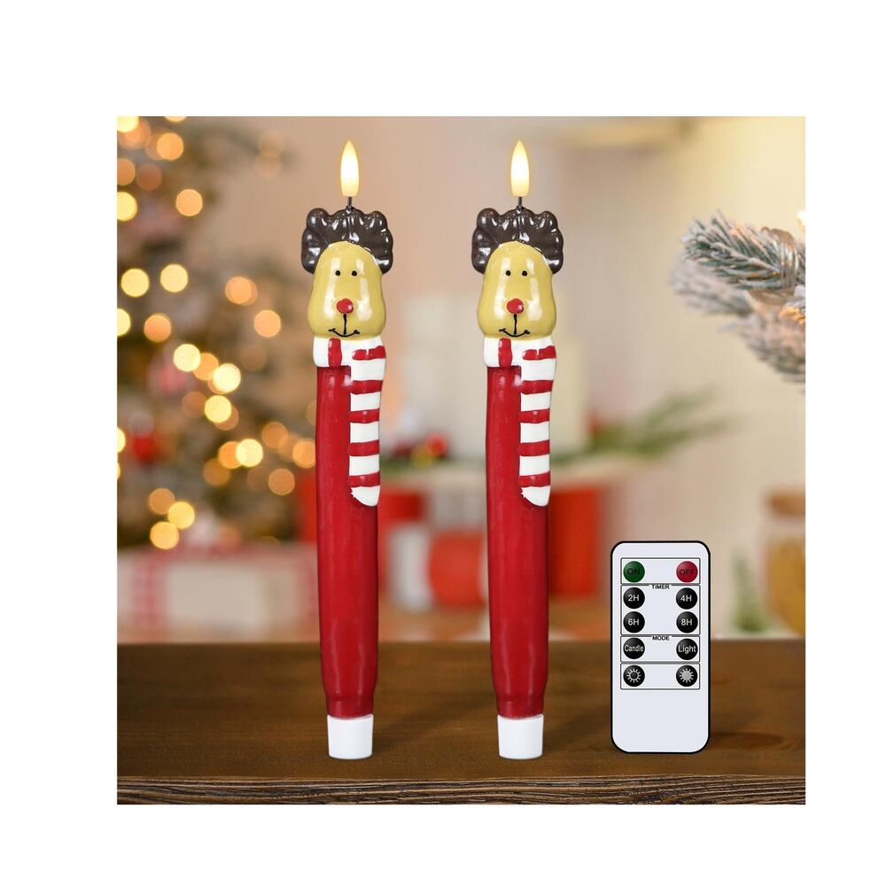 Set of 2 Christmas Flameless Taper Candles Battery Operated with Remote
